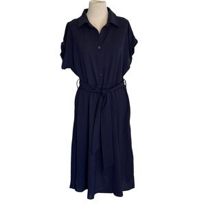 NWT ECOWISH Navy Blue Belted Shirt‎ Dress Midi Short Sleeve Collared Button Up